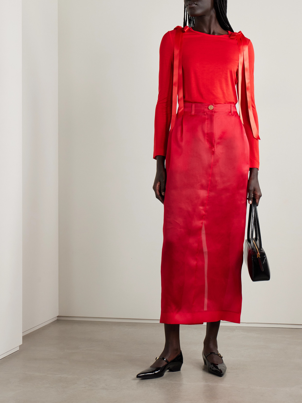 Simone Rocha Bow-embellished Satin-trimmed Lyocell-jersey Top In Red