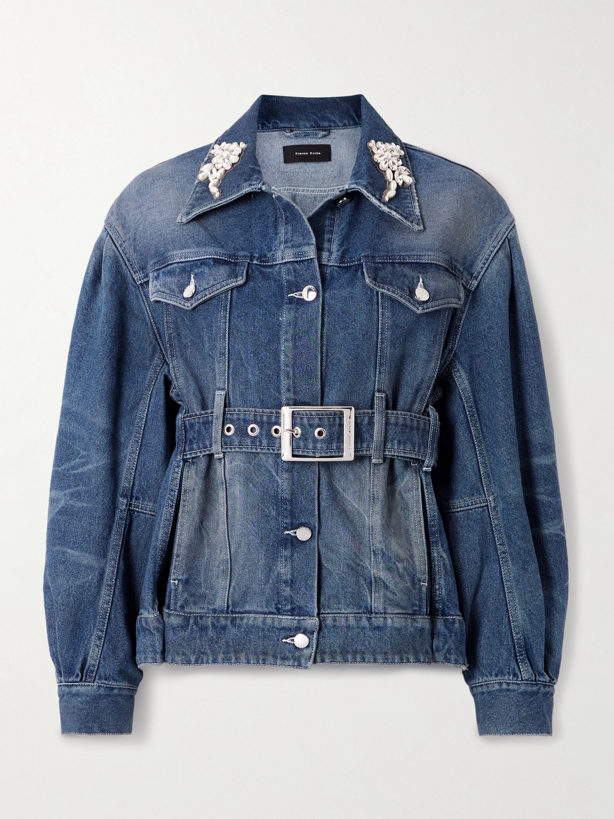 Simone Rocha Belted Embellished Denim Jacket In Blue