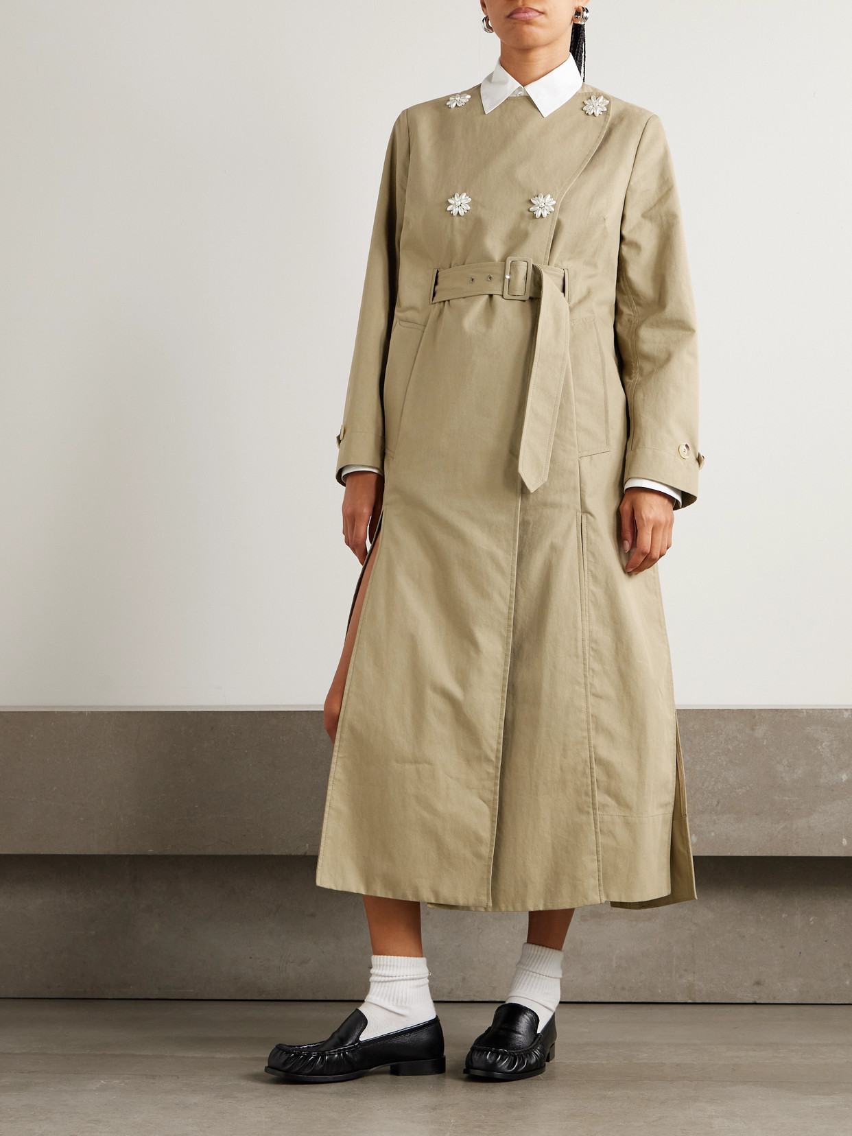 Belted Double-Breasted Embellished Cotton-Blend Canvas Trench Coat