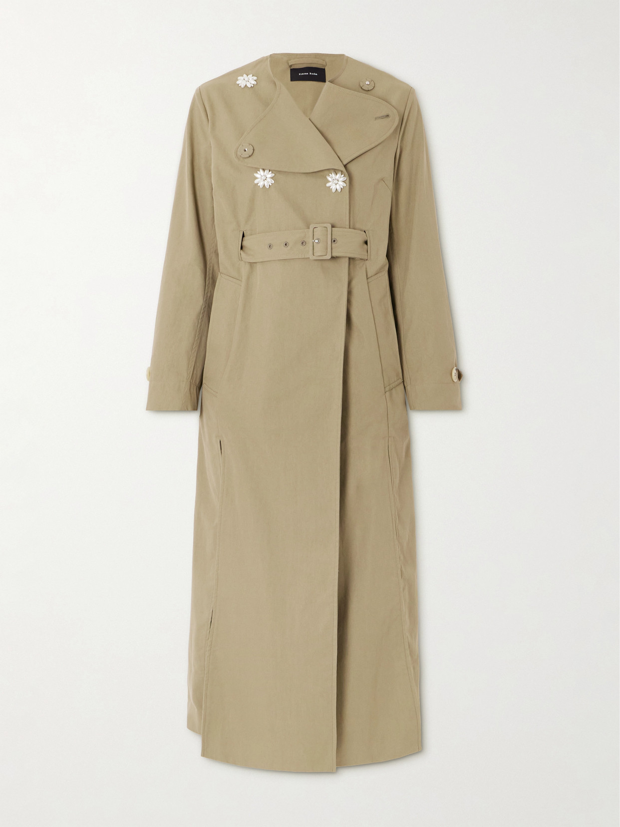 Simone Rocha Belted Double-breasted Embellished Cotton-blend Canvas Trench Coat In Neutral