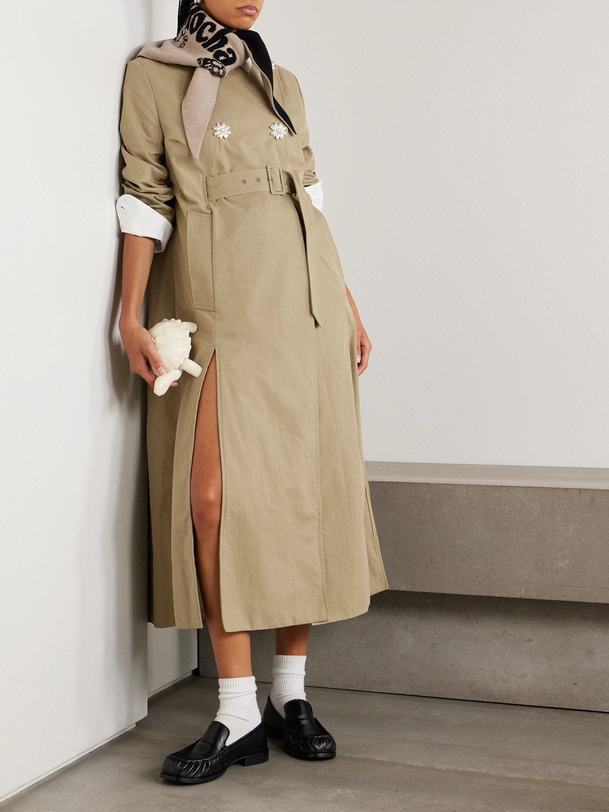 Belted Double-Breasted Embellished Cotton-Blend Canvas Trench Coat