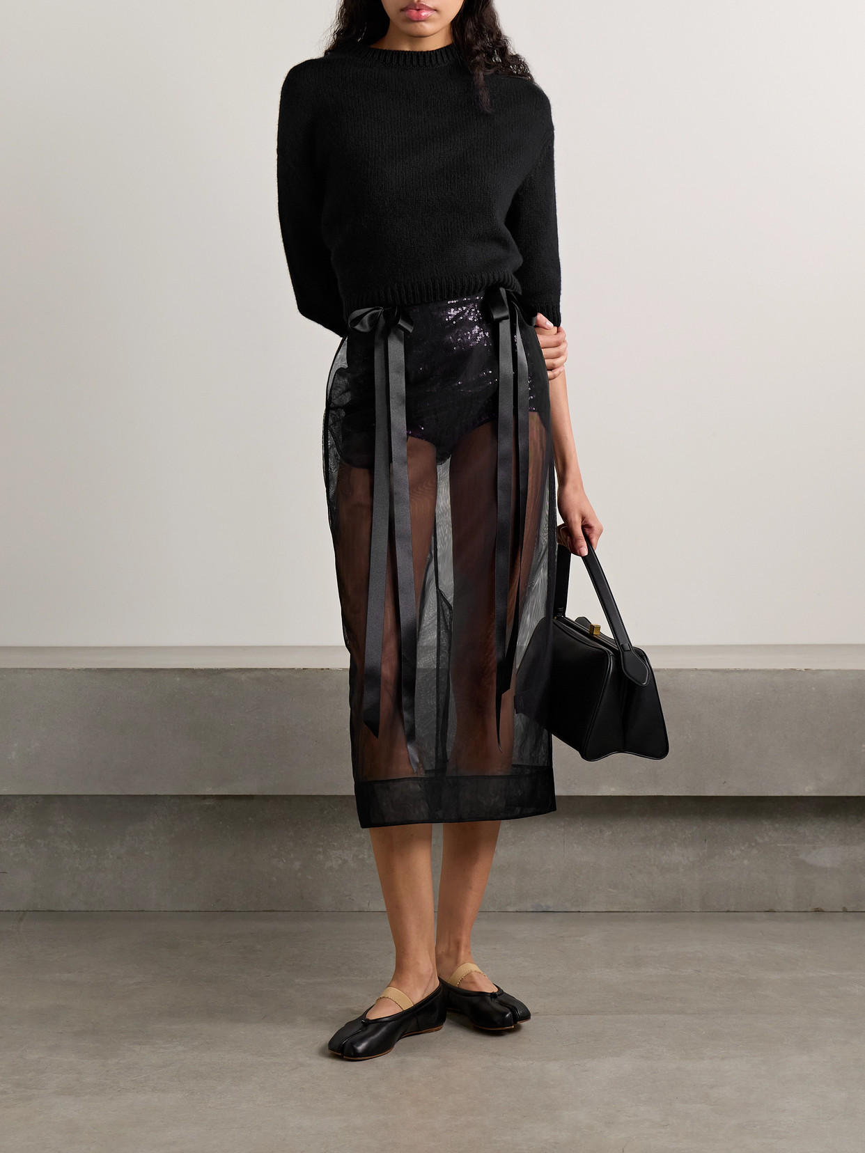 Simone Rocha Bow-embellished Satin-trimmed Tulle Midi Skirt In Black