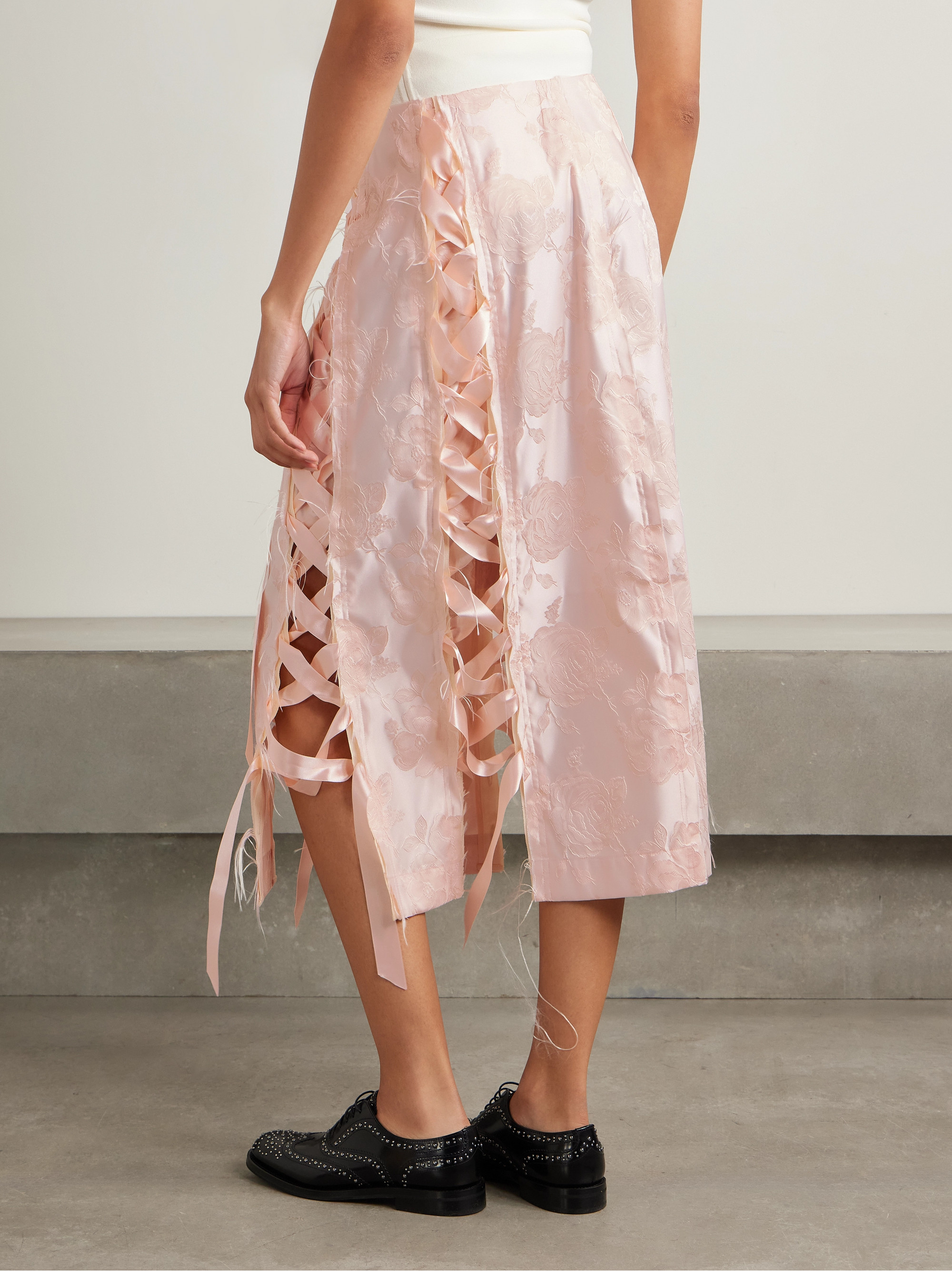 Simone Rocha Unraveling Ribbon lace-up frayed brocade midi skirt