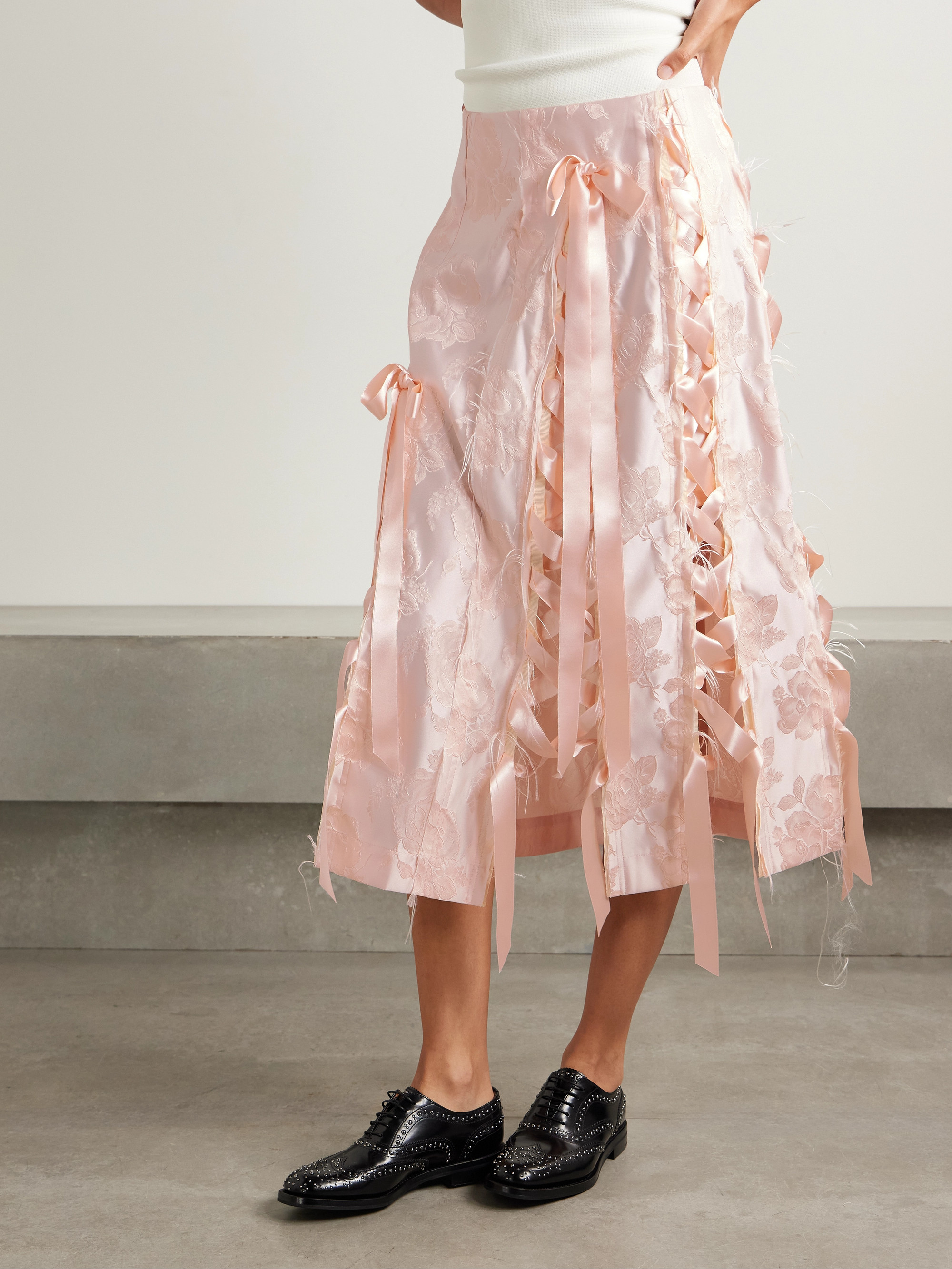 Simone Rocha Unraveling Ribbon lace-up frayed brocade midi skirt