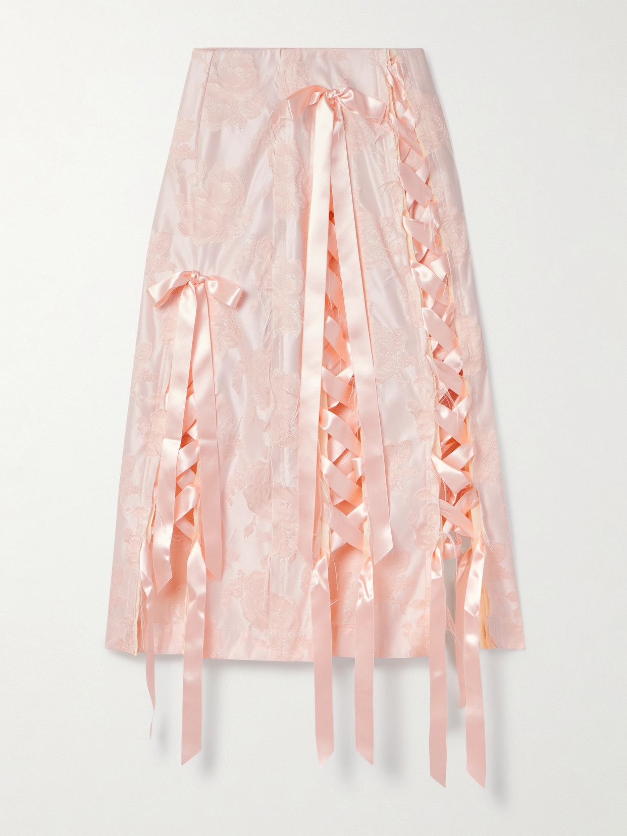 Simone Rocha Unraveling Ribbon Lace-up Frayed Brocade Midi Skirt In Pink