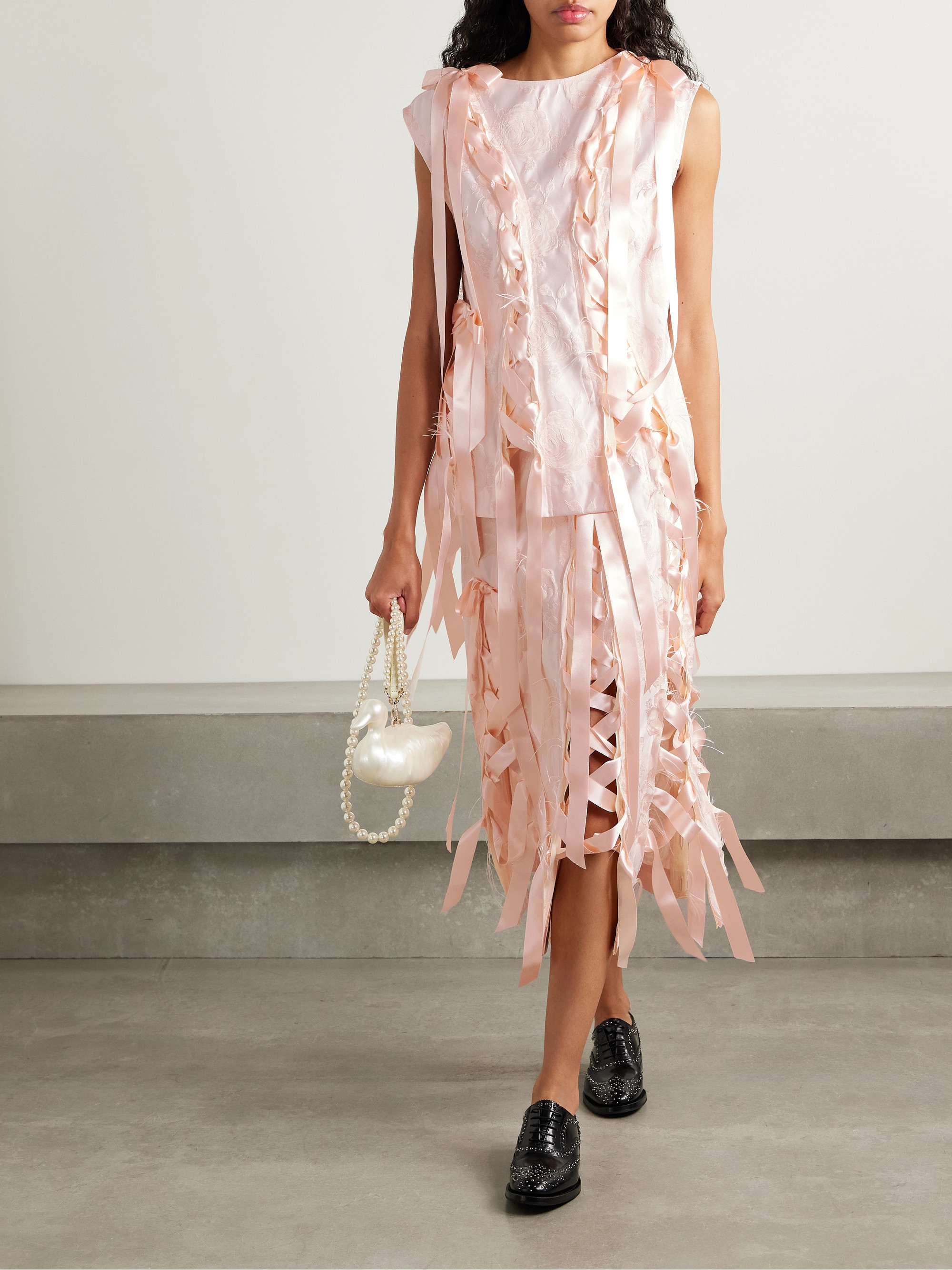 Simone Rocha Unraveling Ribbon lace-up frayed brocade midi skirt