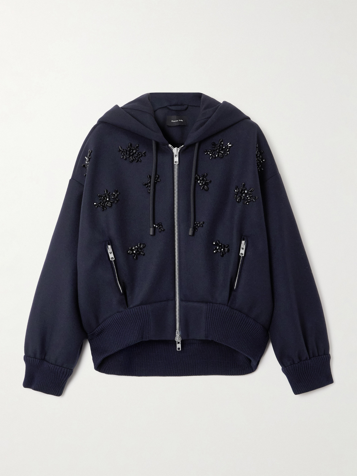 Simone Rocha Hooded Bead-embellished Wool-blend Bomber Jacket In Blue