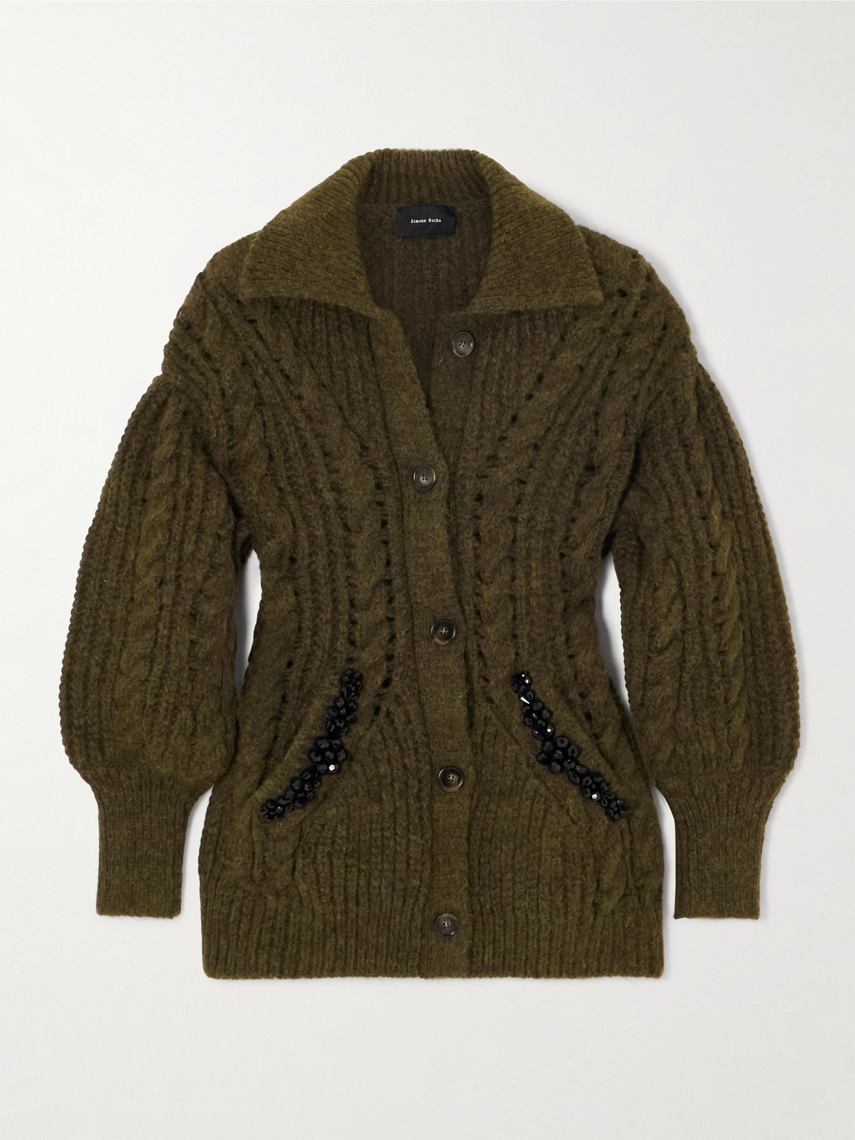 Simone Rocha Embellished Metallic Cable-knit Cardigan In Green