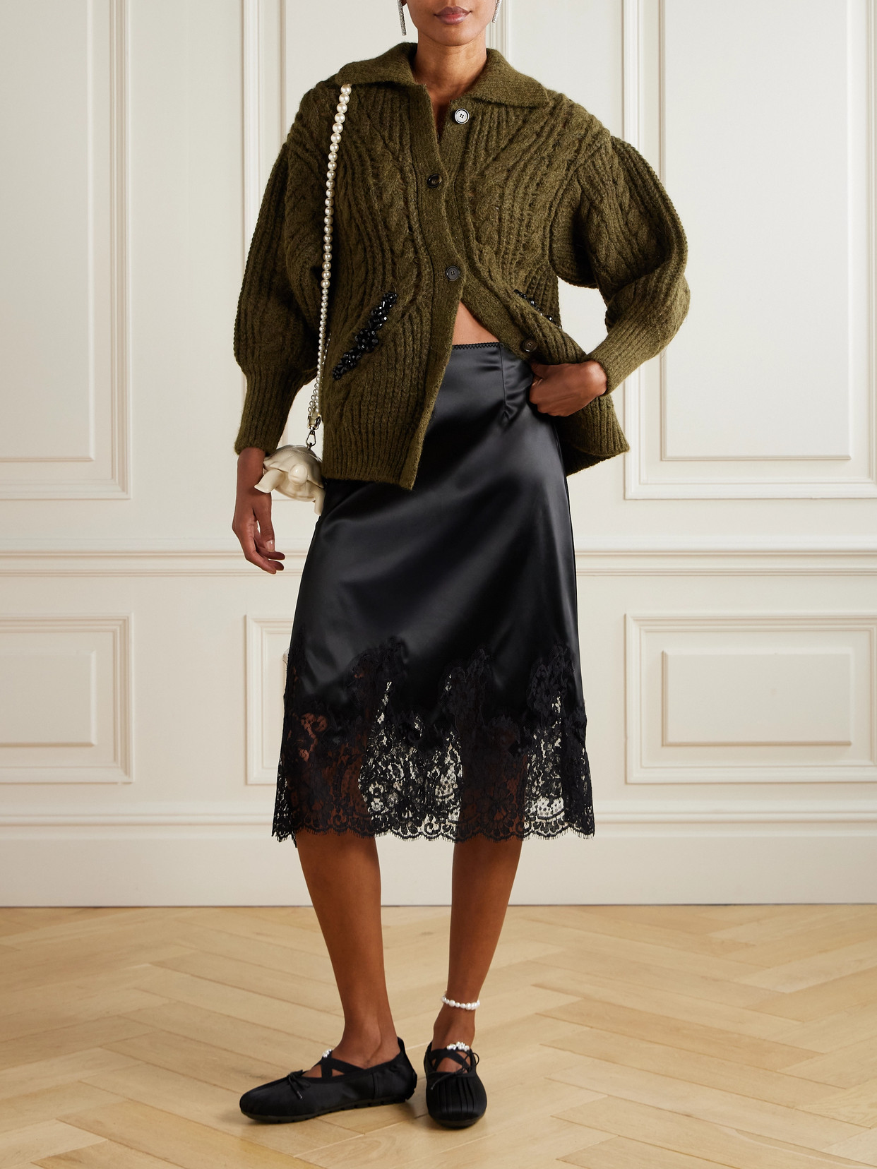 Simone Rocha Embellished Cable-knit Alpaca-blend Cardigan In Green