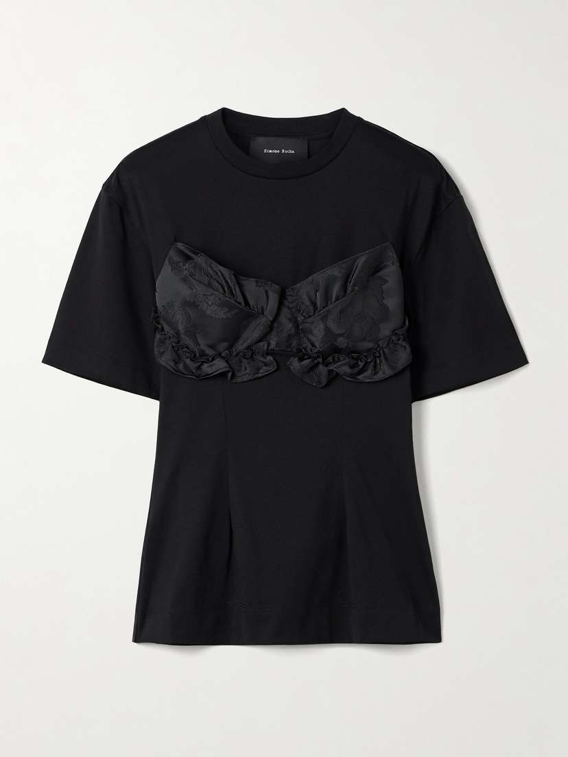 Simone Rocha Appliquéd Satin Jacquard-trimmed Cotton-jersey T-shirt