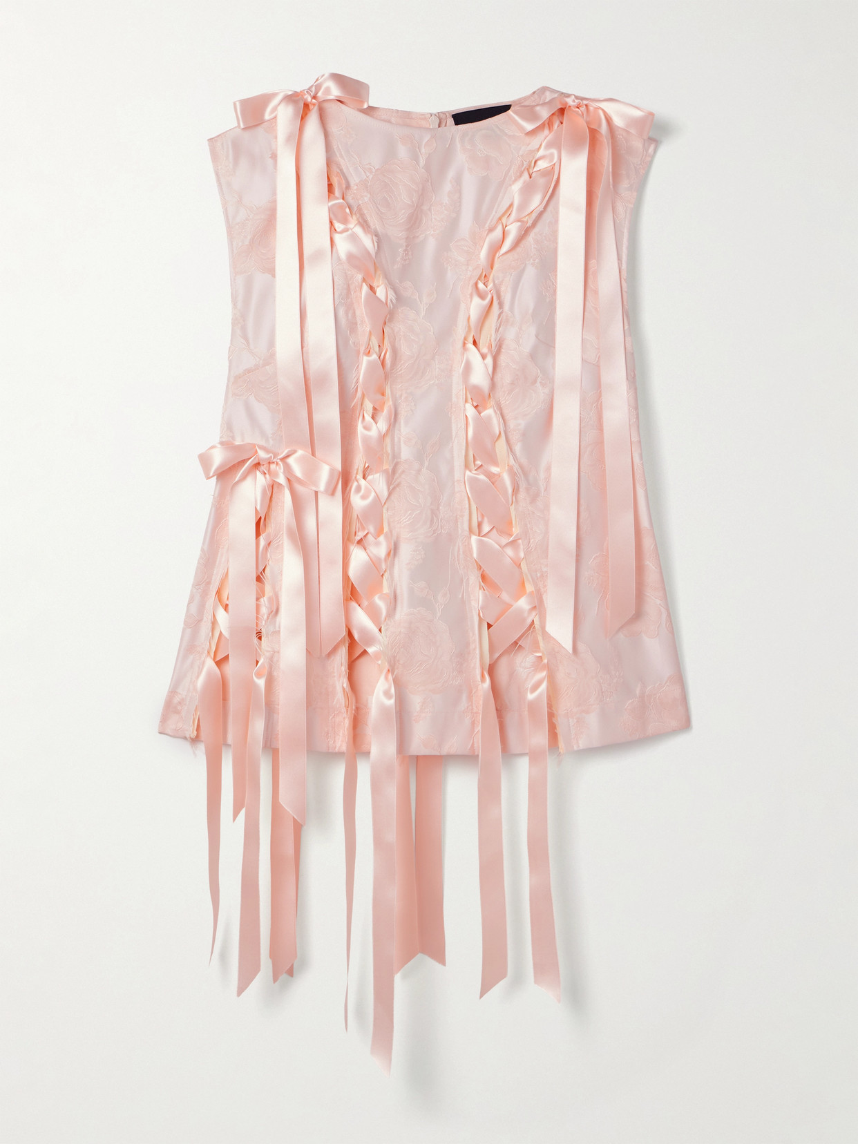 Simone Rocha Unraveling Ribbon Lace-up Frayed Brocade Top In Pink
