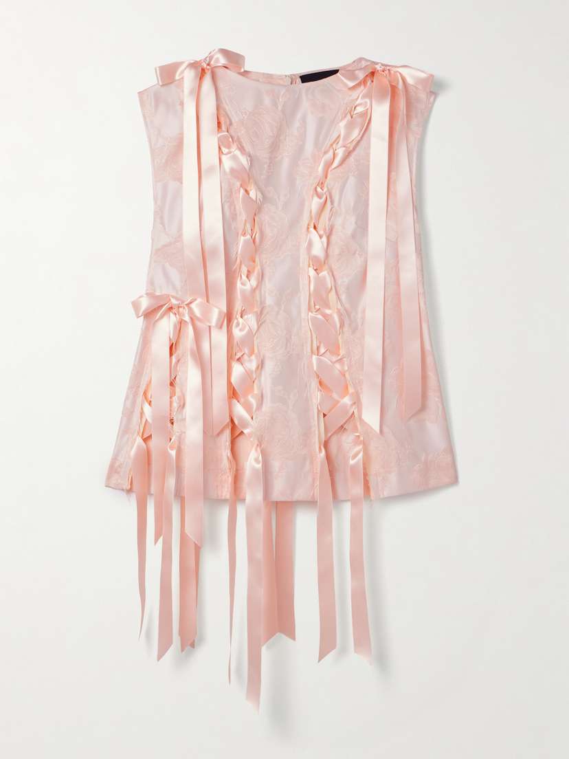 Simone Rocha Unraveling Ribbon Lace-up Frayed Brocade Top