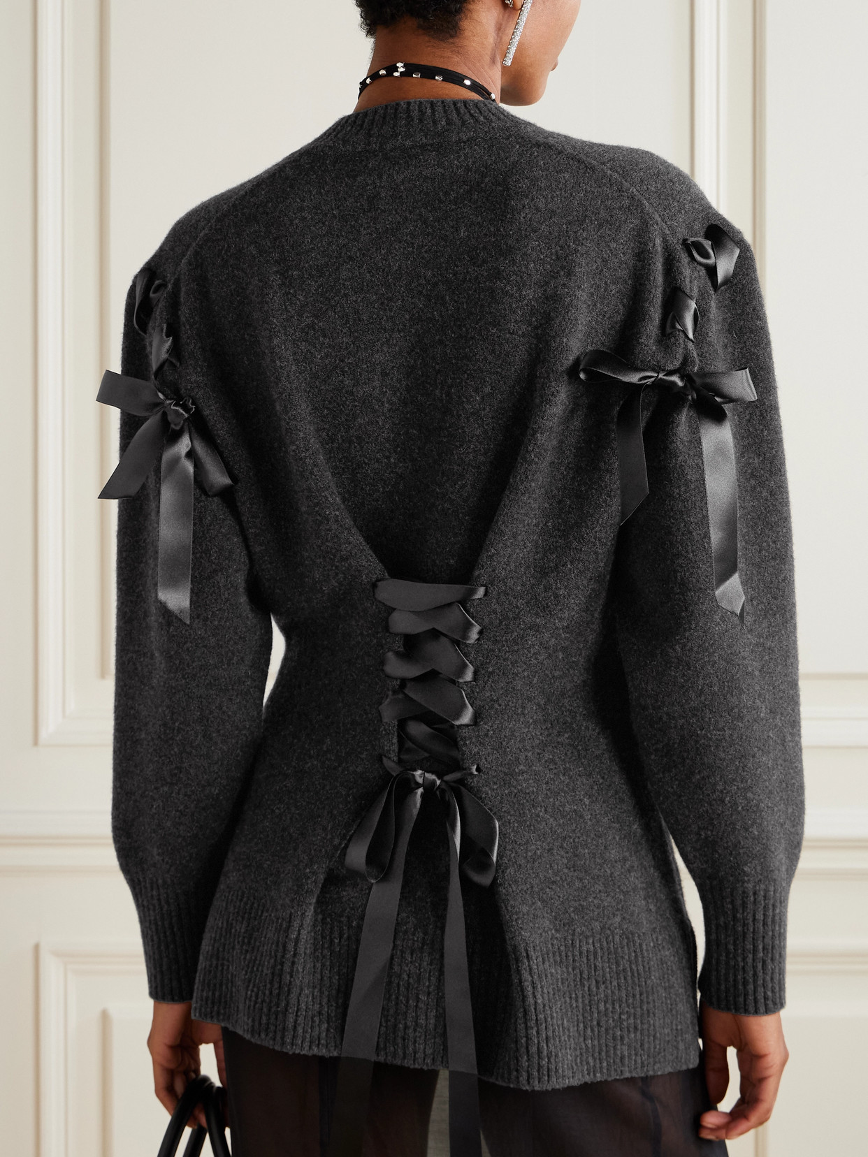 Simone Rocha Bow-embellished Merino Wool-blend Cardigan In Gray