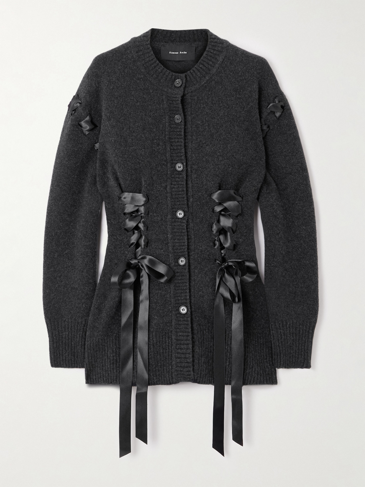 Simone Rocha Bow-embellished Merino Wool-blend Cardigan In Gray