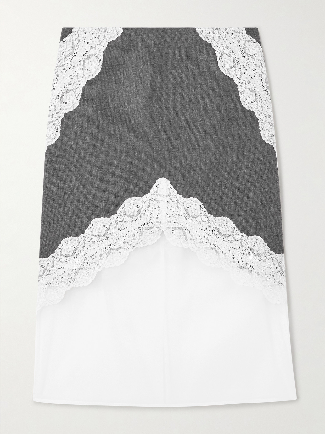 Jil Sander Lace And Organza-trimmed Grain De Poudre Wool Midi Skirt In Gray