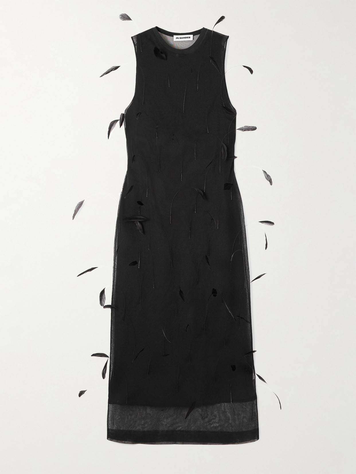 Jil Sander Feather-embellished Layered Knitted-silk Midi Dress In Black