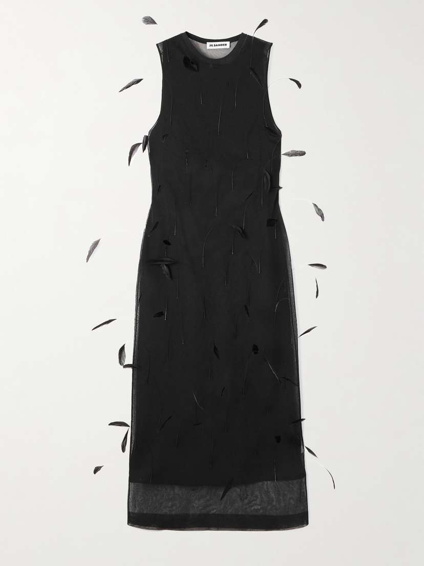 Jil Sander Feather-embellished Layered Knitted-silk Midi Dress