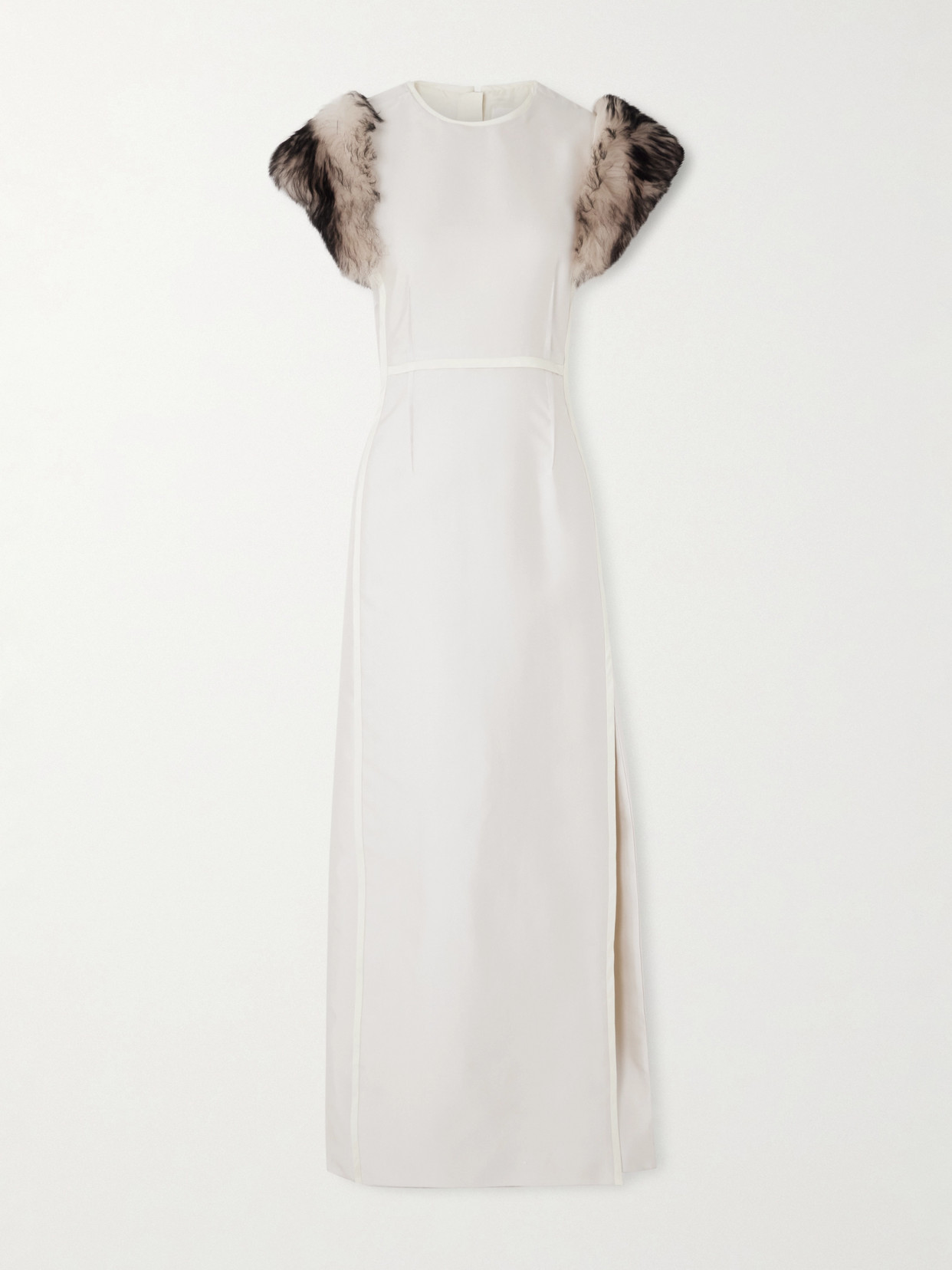 Jil Sander Paneled Shearling-trimmed Satin-twill Maxi Dress In White