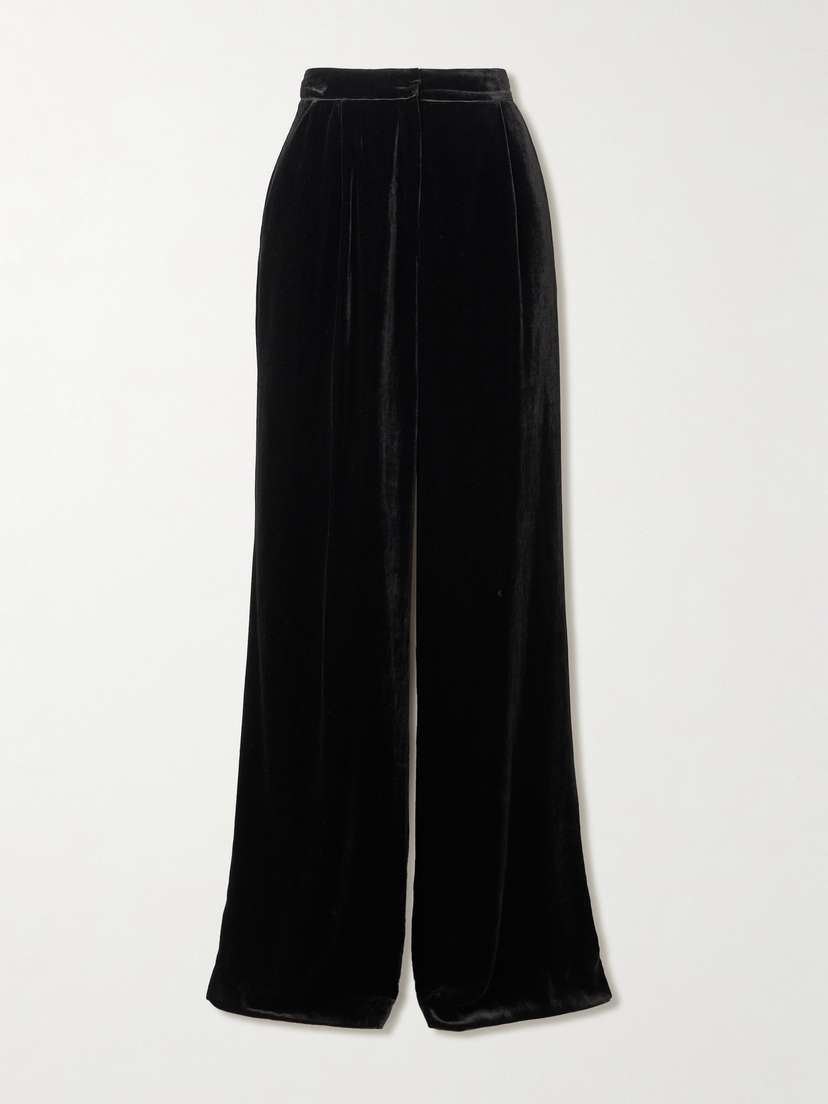 Saloni Satin-trimmed Velvet Wide-leg Pants