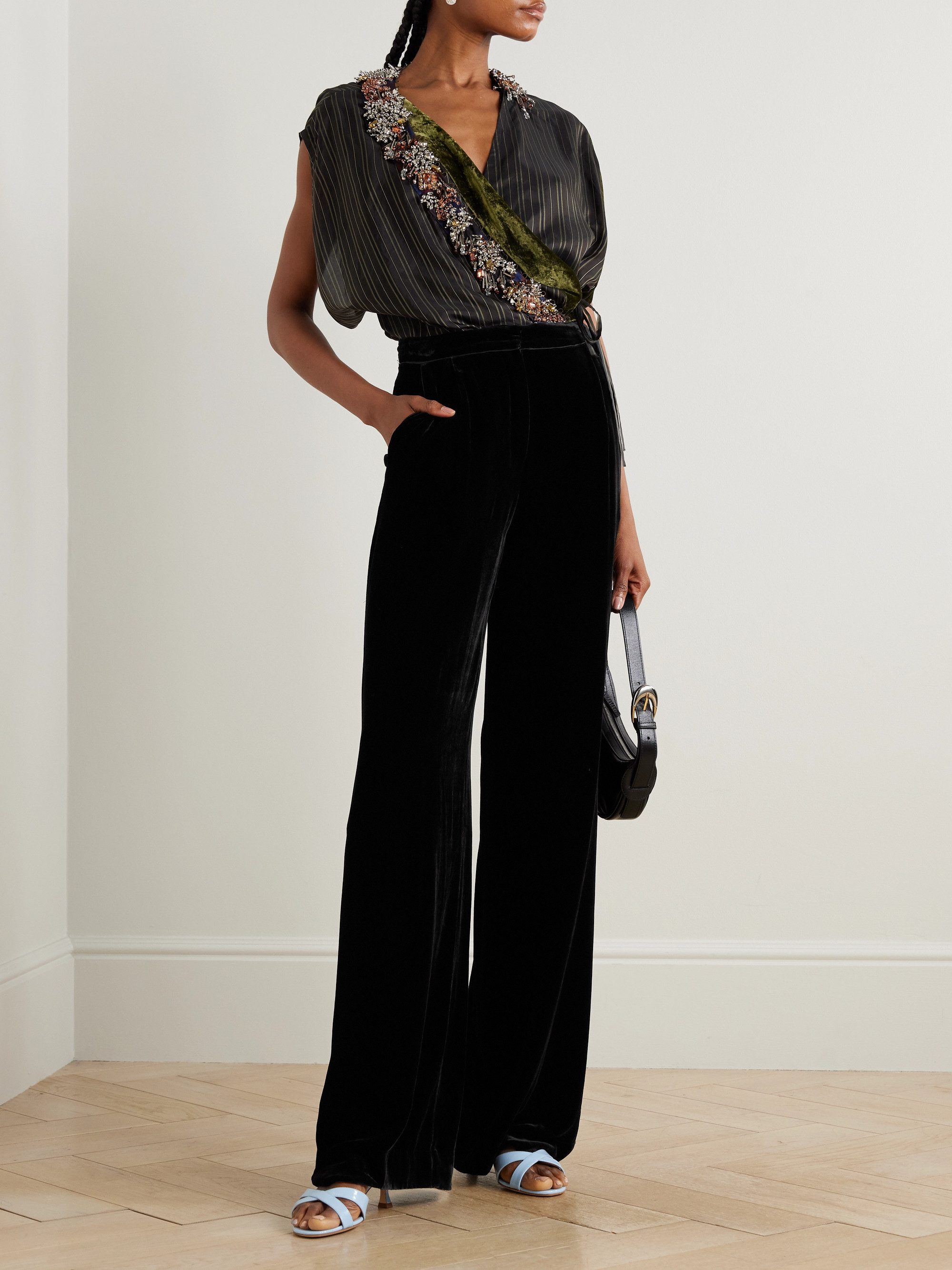 Saloni Satin-trimmed velvet wide-leg pants