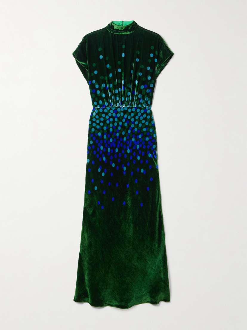 Saloni Fabienne Gathered Printed Velvet Midi Dress