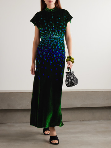 Saloni Fabienne gathered printed velvet midi dress