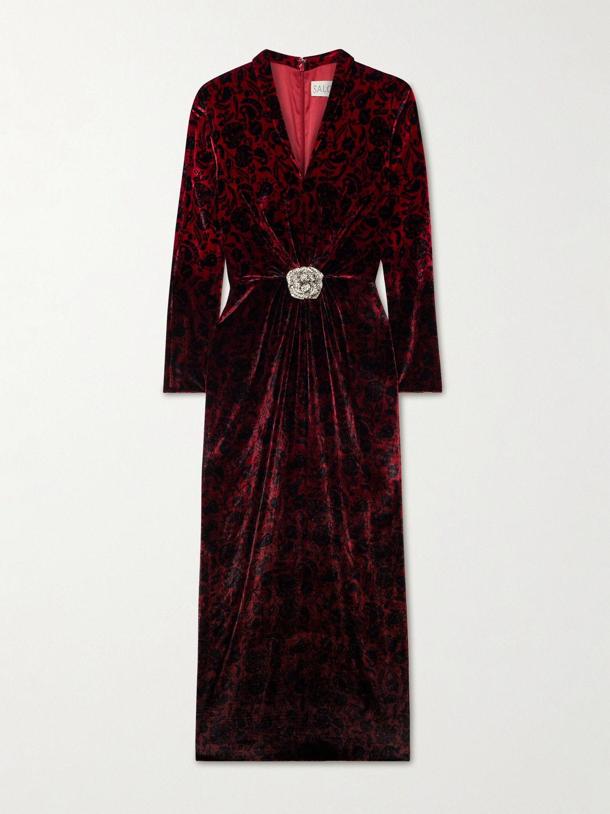 Saloni Mya Crystal-embellished Gathered Printed Velvet Midi Dress In Multi