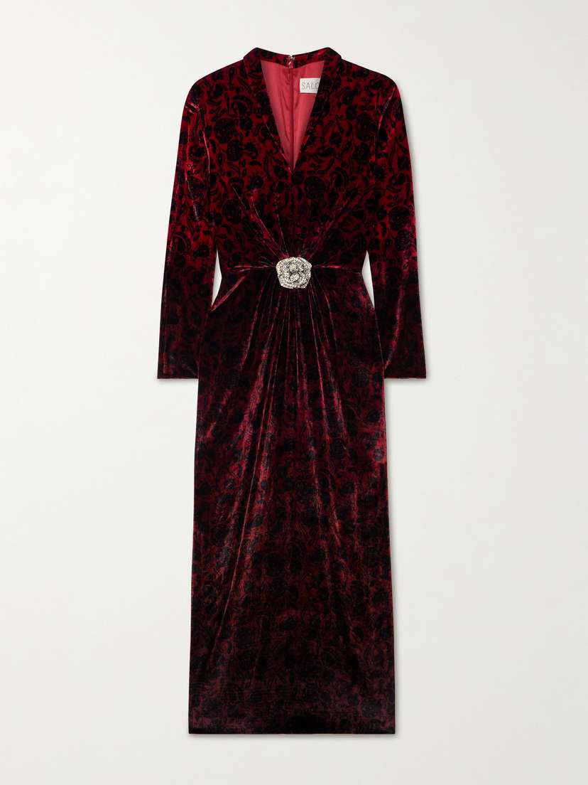 Saloni Mya Crystal-embellished Gathered Printed Velvet Midi Dress