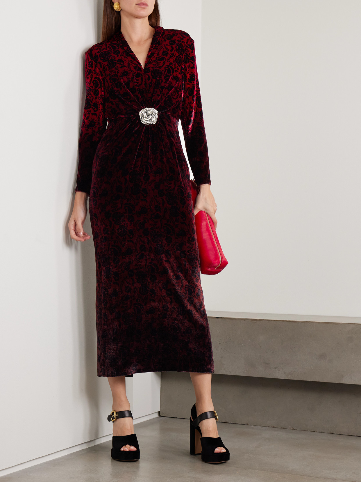 Saloni Mya Crystal-embellished Gathered Printed Velvet Midi Dress In Multi