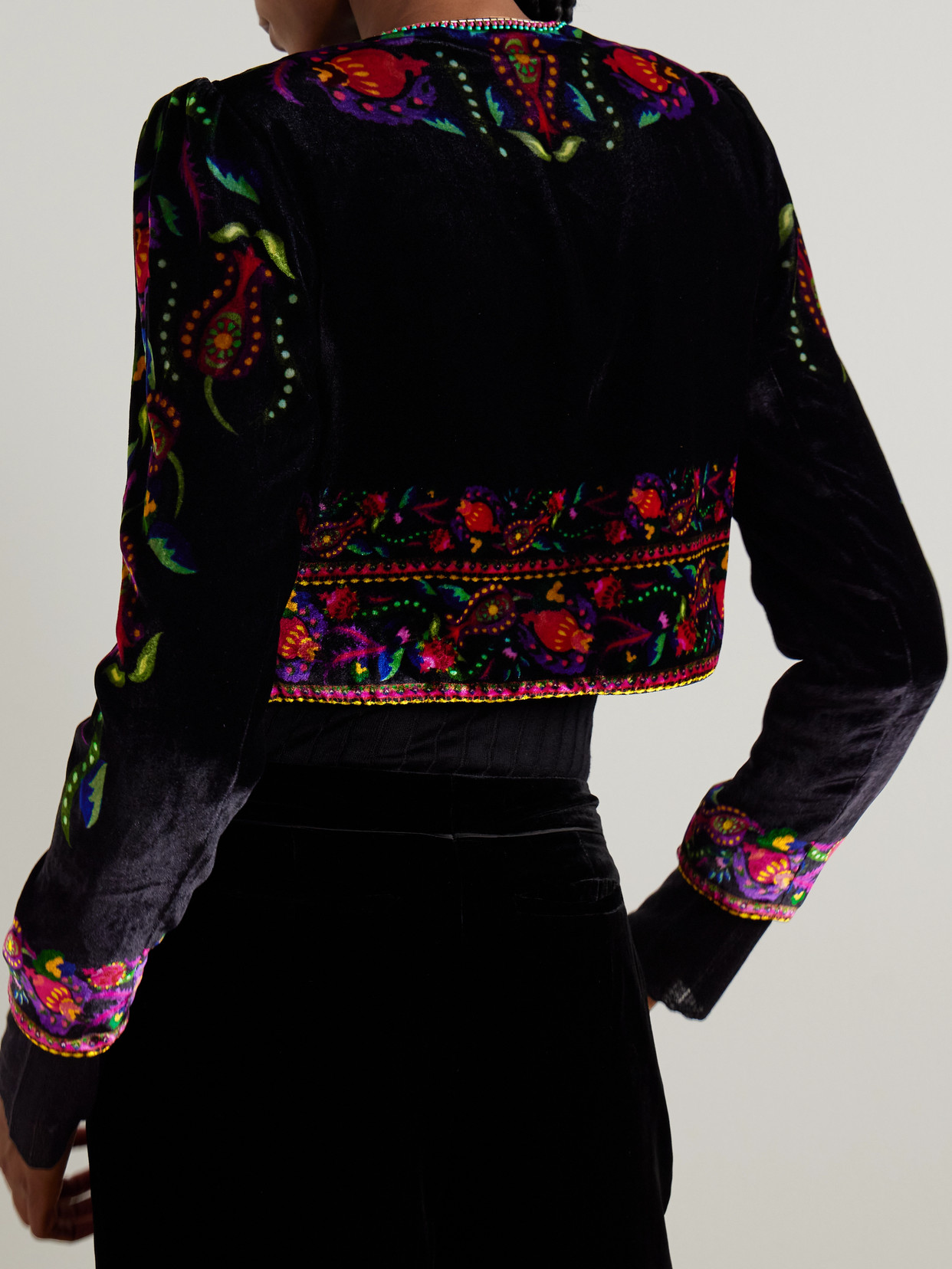 Vika Cropped Beaded Printed Velvet Jacket