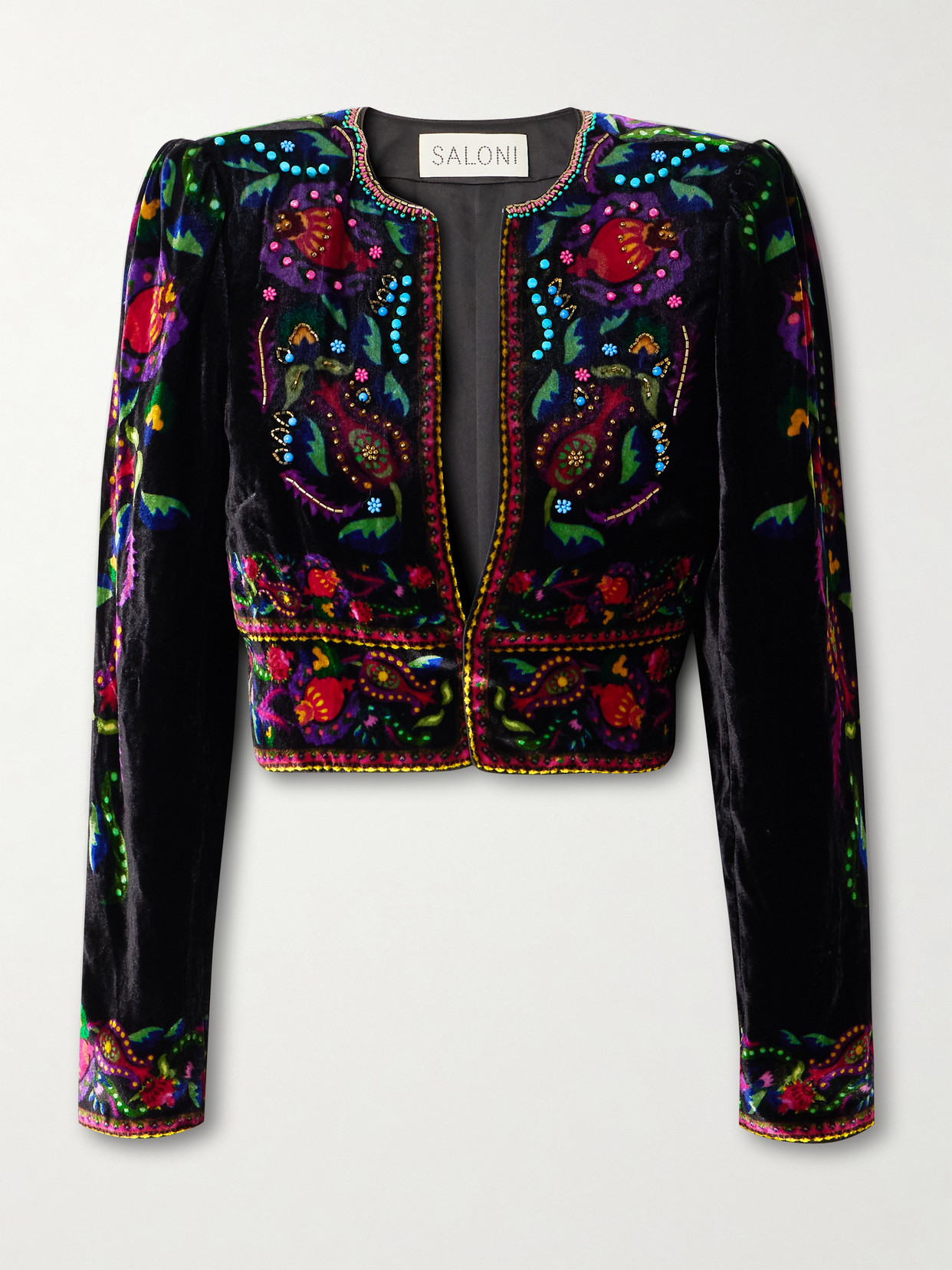 Saloni Vika Cropped Beaded Printed Velvet Jacket In Multi