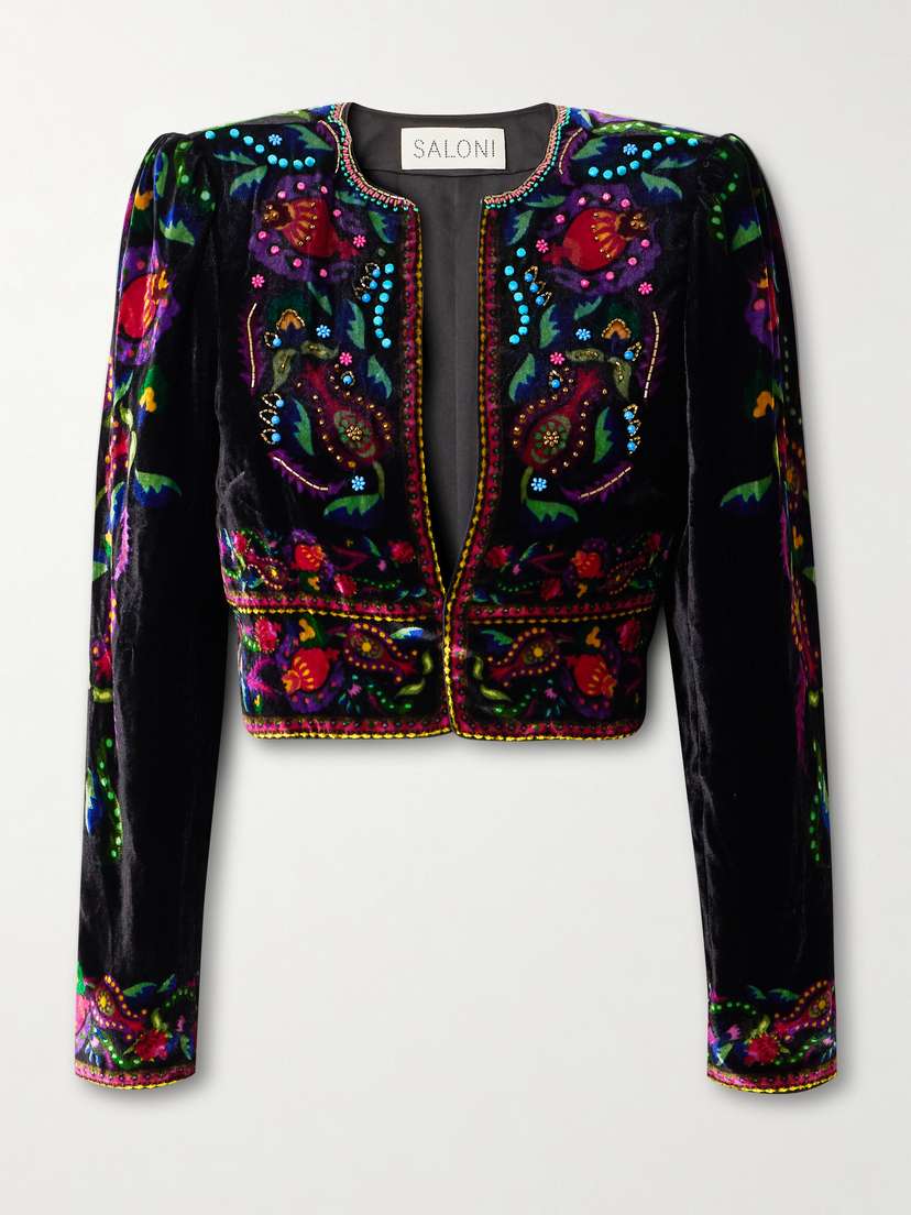 Saloni Vika Cropped Beaded Printed Velvet Jacket