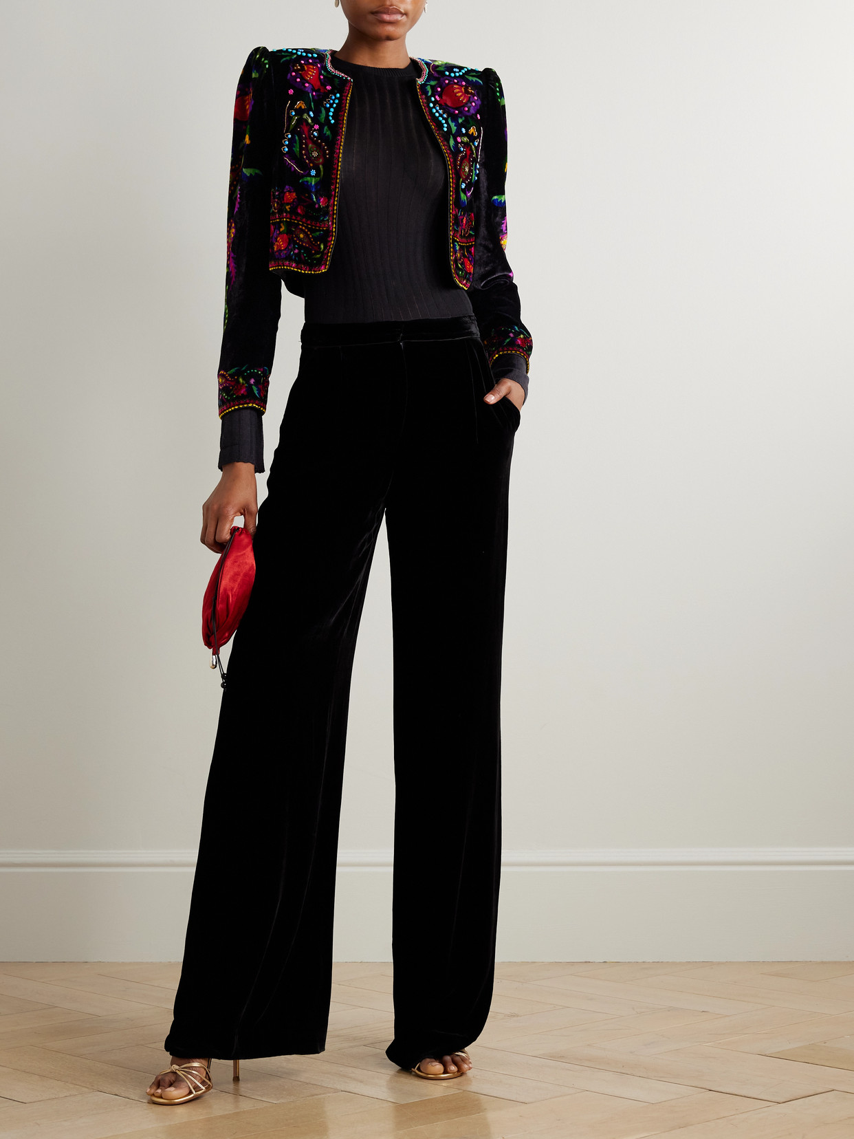 Vika Cropped Beaded Printed Velvet Jacket
