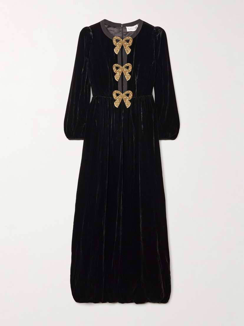 Saloni Camille Bow-embellished Velvet Gown
