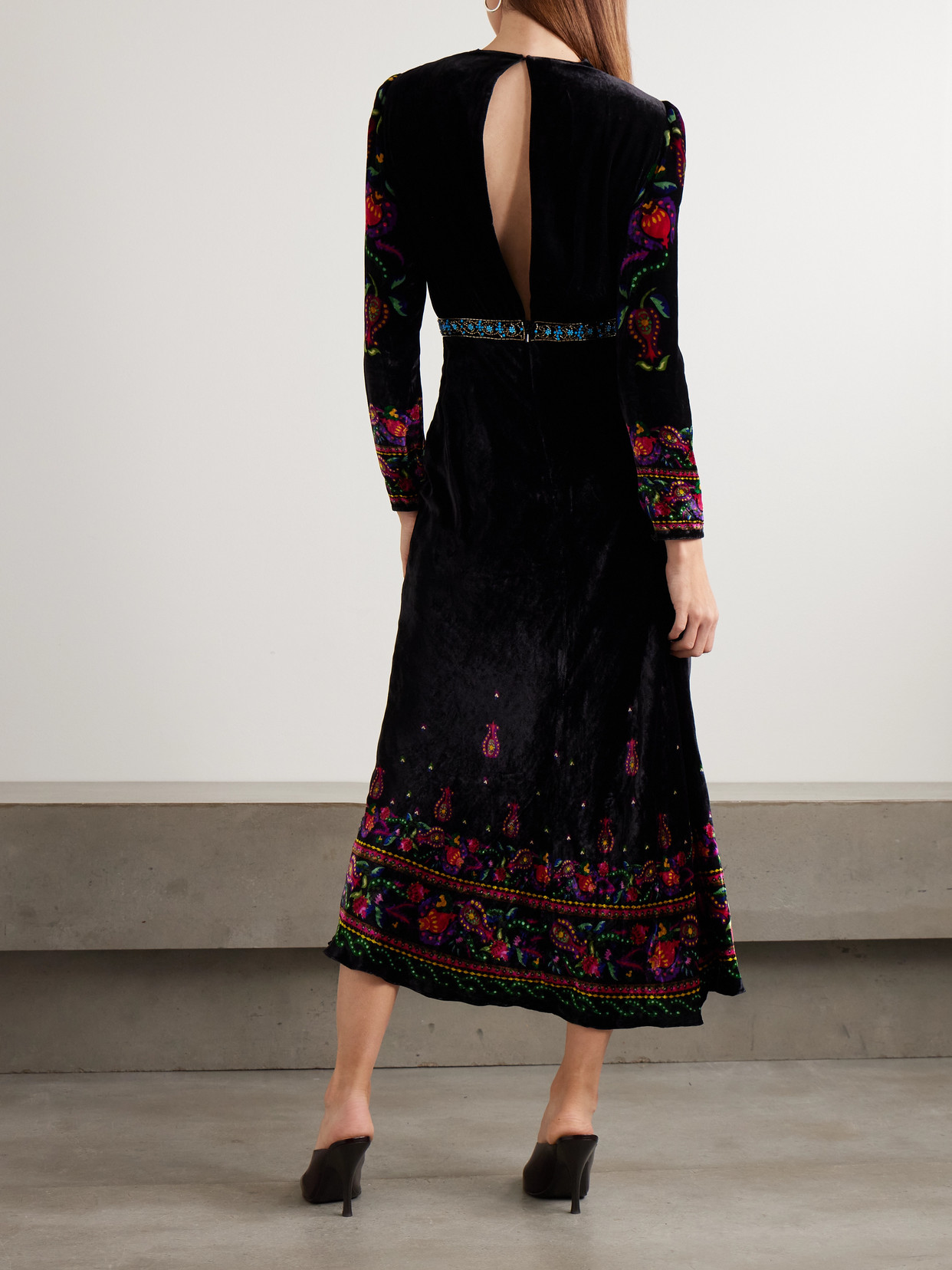 Saloni Claudia Twisted Embellished Printed Velvet Midi Dress In Multi