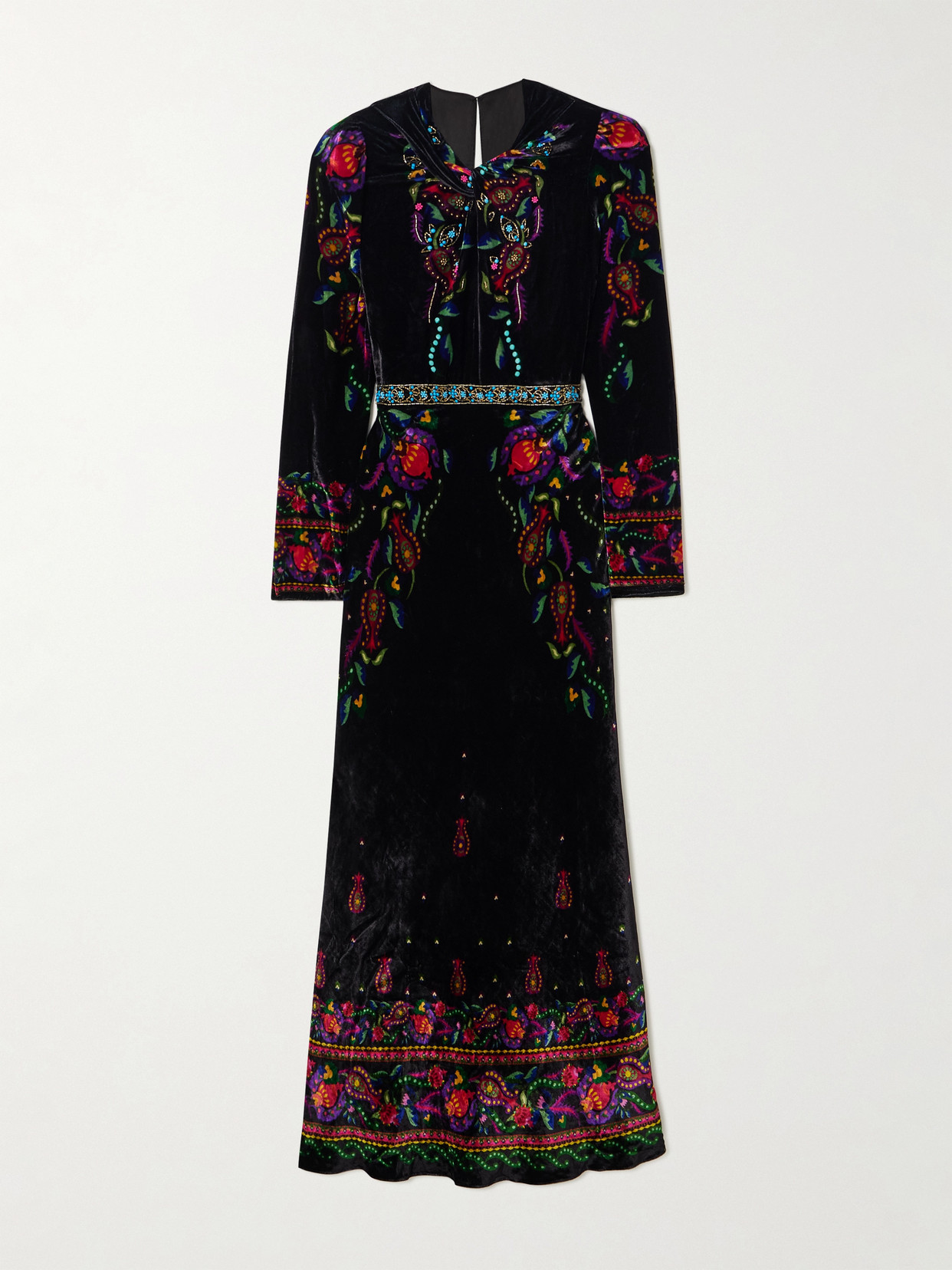 Saloni Claudia Twisted Embellished Printed Velvet Midi Dress In Multi