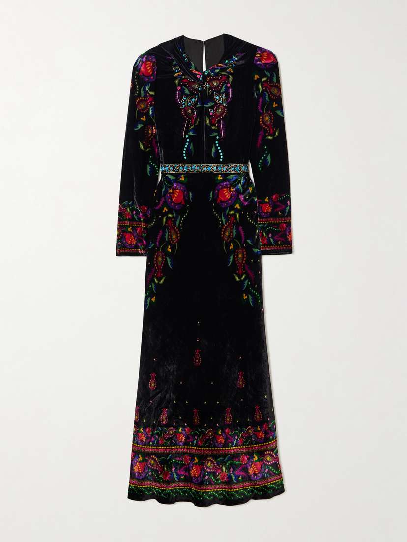 Saloni Claudia Twisted Embellished Printed Velvet Midi Dress