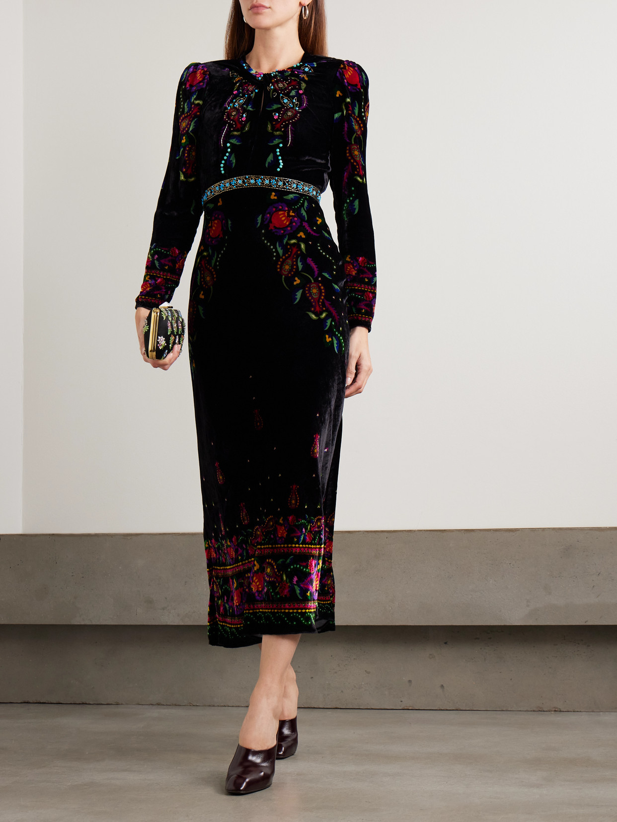 Saloni Claudia Twisted Embellished Printed Velvet Midi Dress In Multi