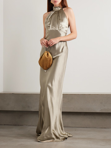 Saloni Michelle velvet-trimmed open-back satin gown