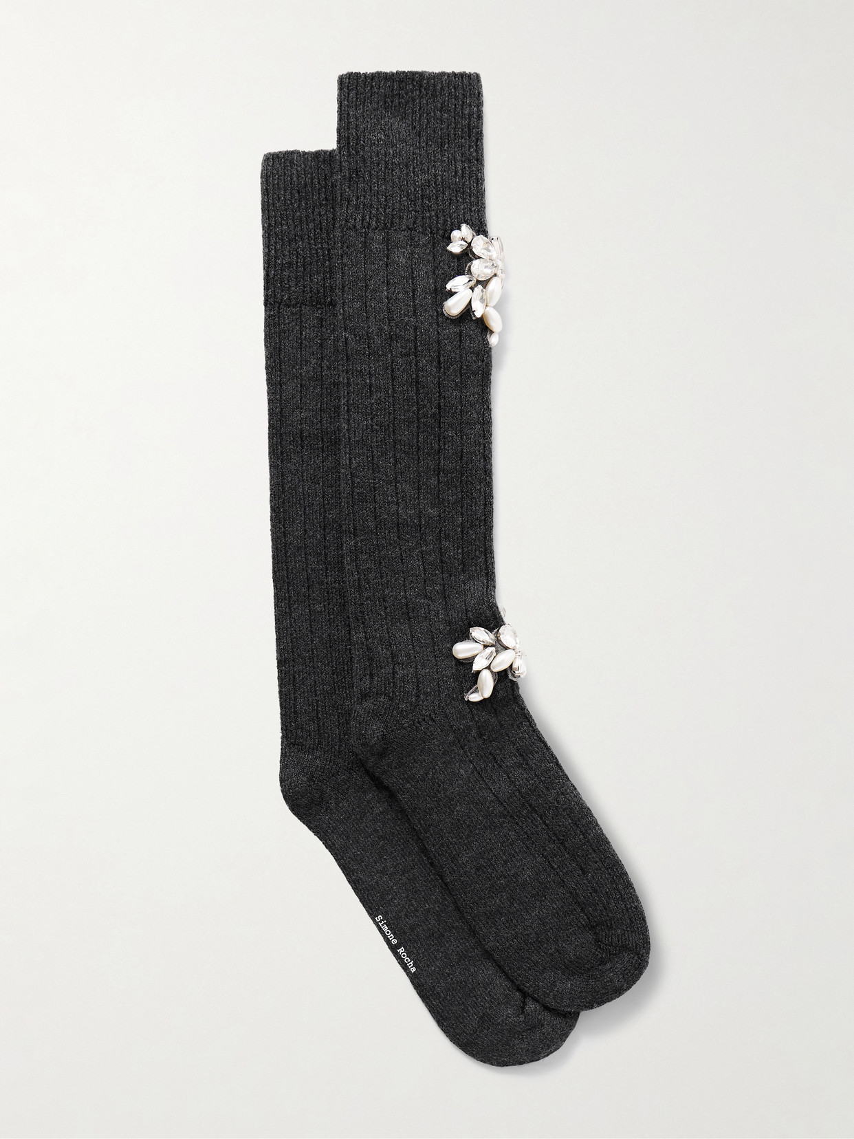 Simone Rocha Embellished Ribbed Wool-blend Knee Socks In Gray