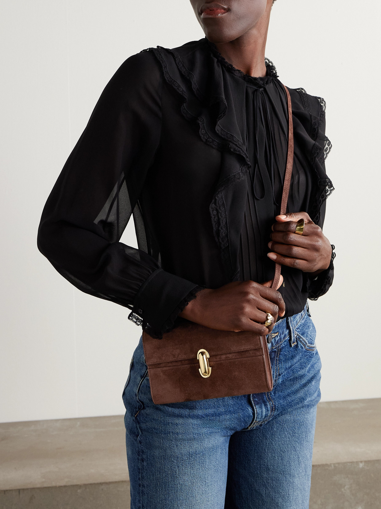 Savette Symmetry Mini Suede Crossbody Bag In Brown