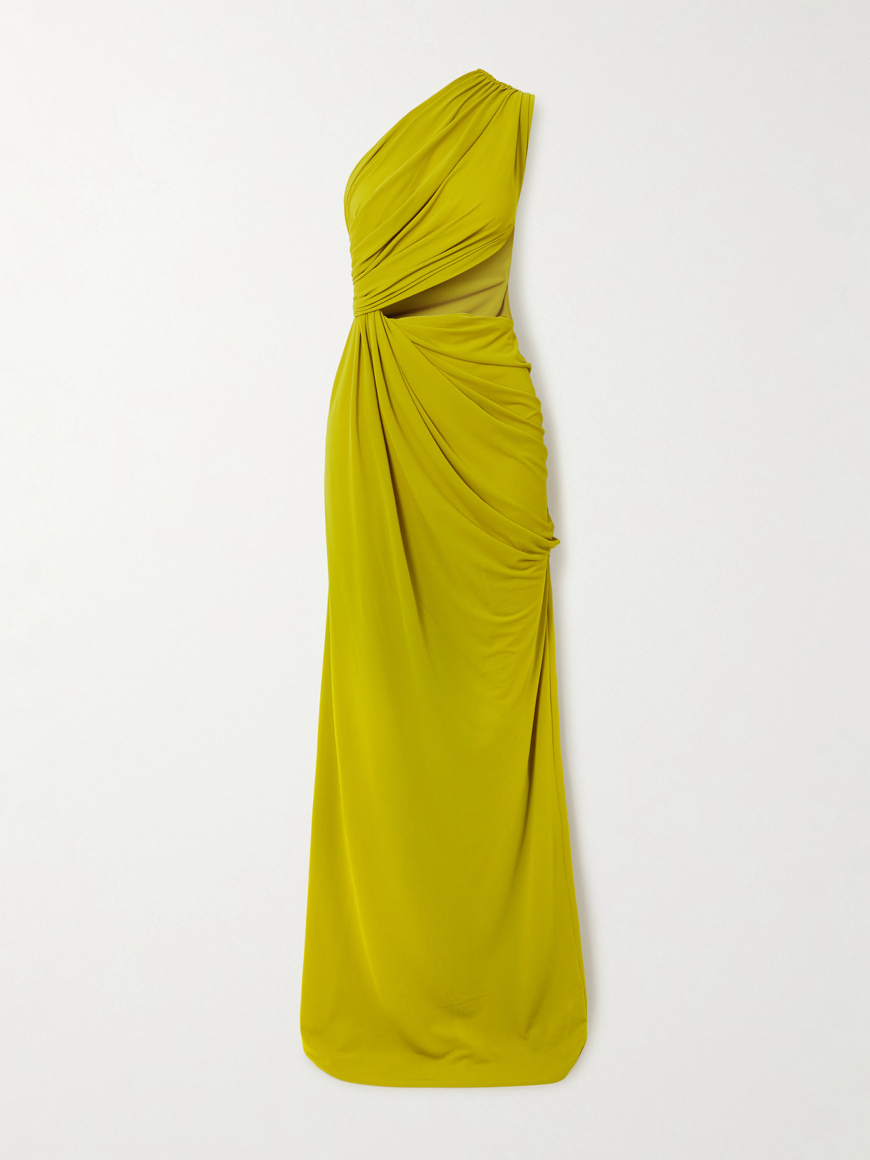 Alex Perry One-shoulder Cutout Draped Gathered Stretch Recycled Crepe-jersey Gown In Yellow