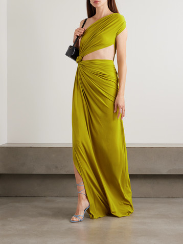 Alex Perry One-shoulder cutout draped gathered stretch recycled crepe-jersey gown