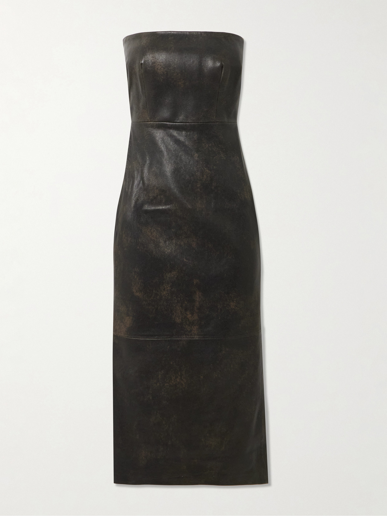 Alex Perry Strapless Leather Midi Dress In Brown