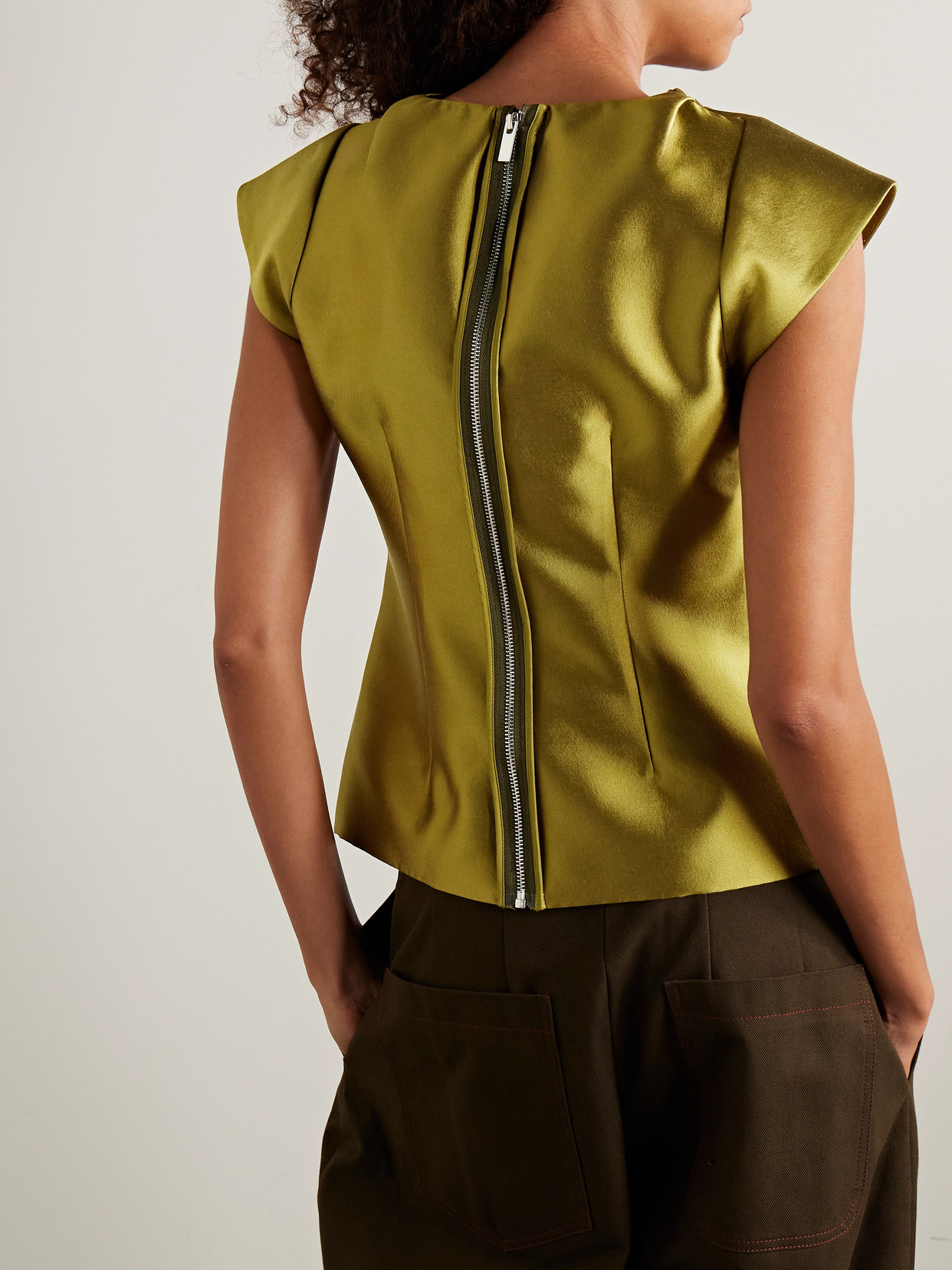 Christopher John Rogers Peel Draped Silk And Wool-blend Satin Top In Green