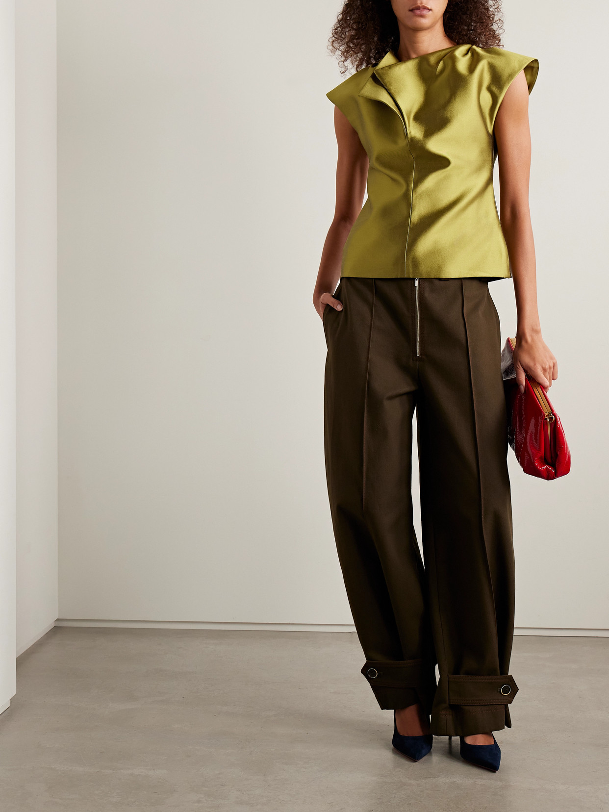 Christopher John Rogers Peel Draped Silk And Wool-blend Satin Top In Green