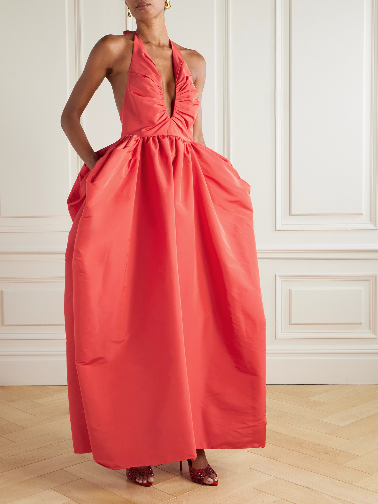 Christopher John Rogers Gathered Silk-faille Halterneck Gown In Red
