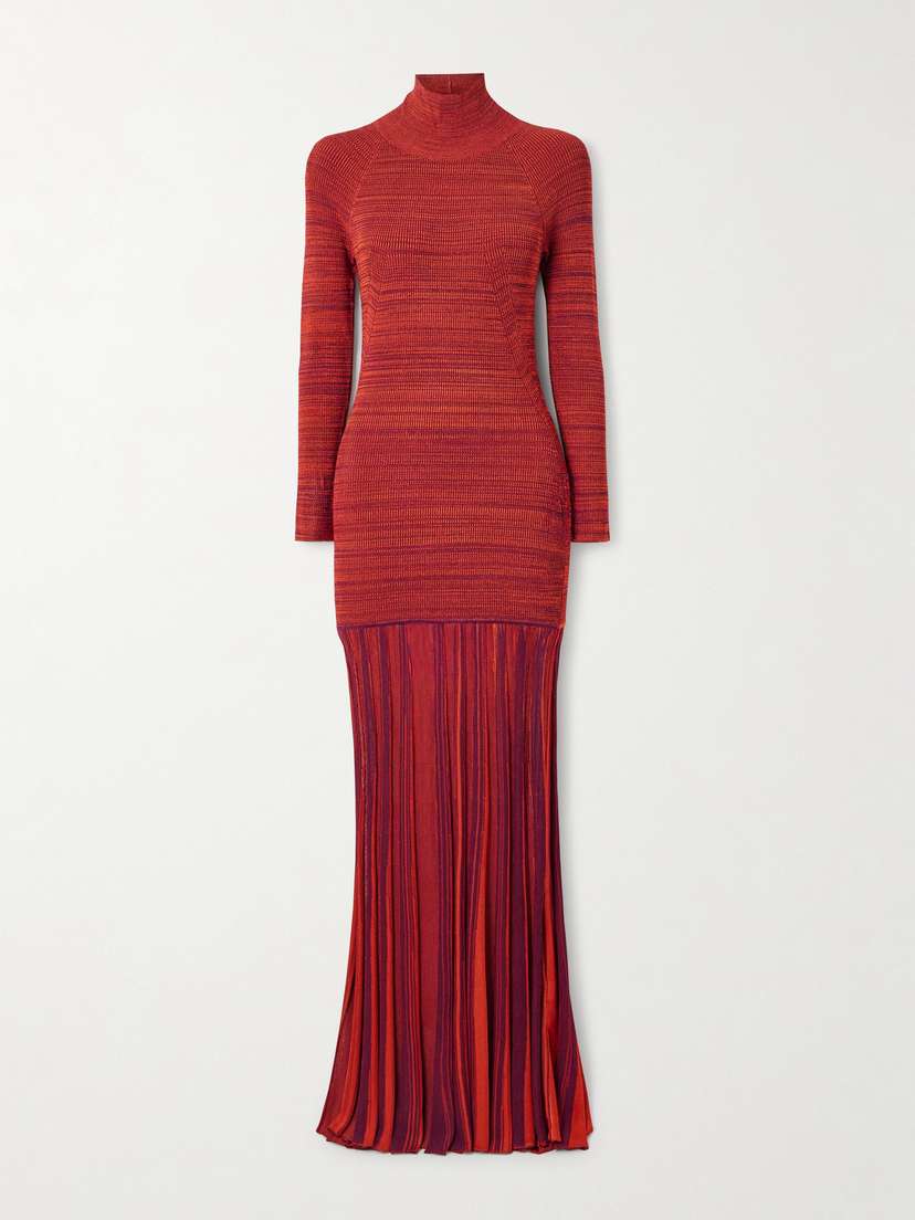 Christopher John Rogers Pleated Ribbed-knit Turtleneck Gown