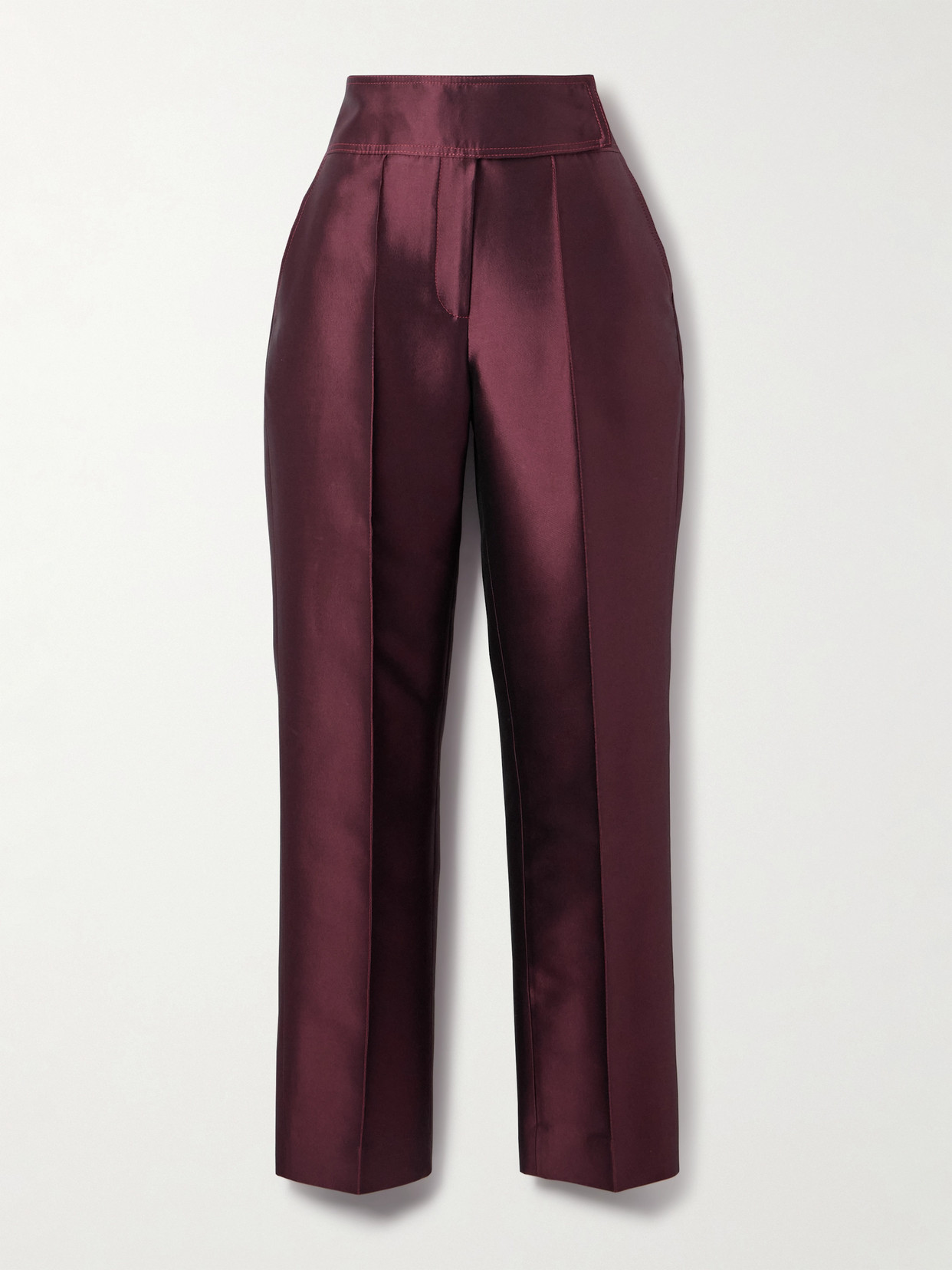 Christopher John Rogers Pleated Silk And Wool-blend Twill Straight-leg Pants In Burgundy