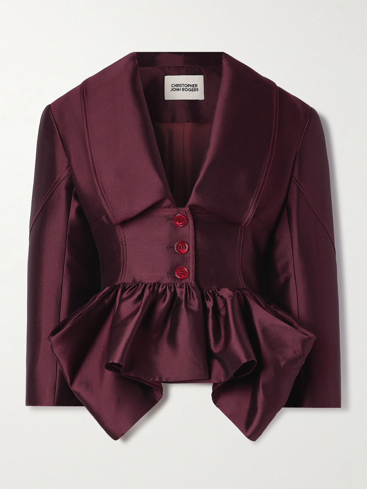 Christopher John Rogers Silk And Wool-blend Satin Peplum Blazer In Burgundy